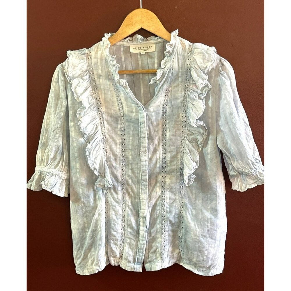 Erica Wilson Nantucket Women's Ruffled Elbow Sleeve Blouse Size Small Bohemian